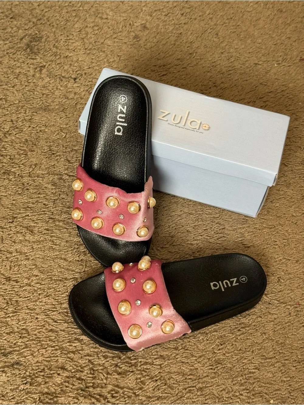 Zula Pink Pearl-Embellished Slide Sandals - Girls